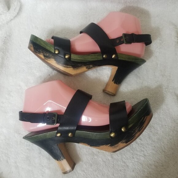 PRICE DROP-YSL Rare Olive & Black Leather Wood Heels - Picture 8 of 11